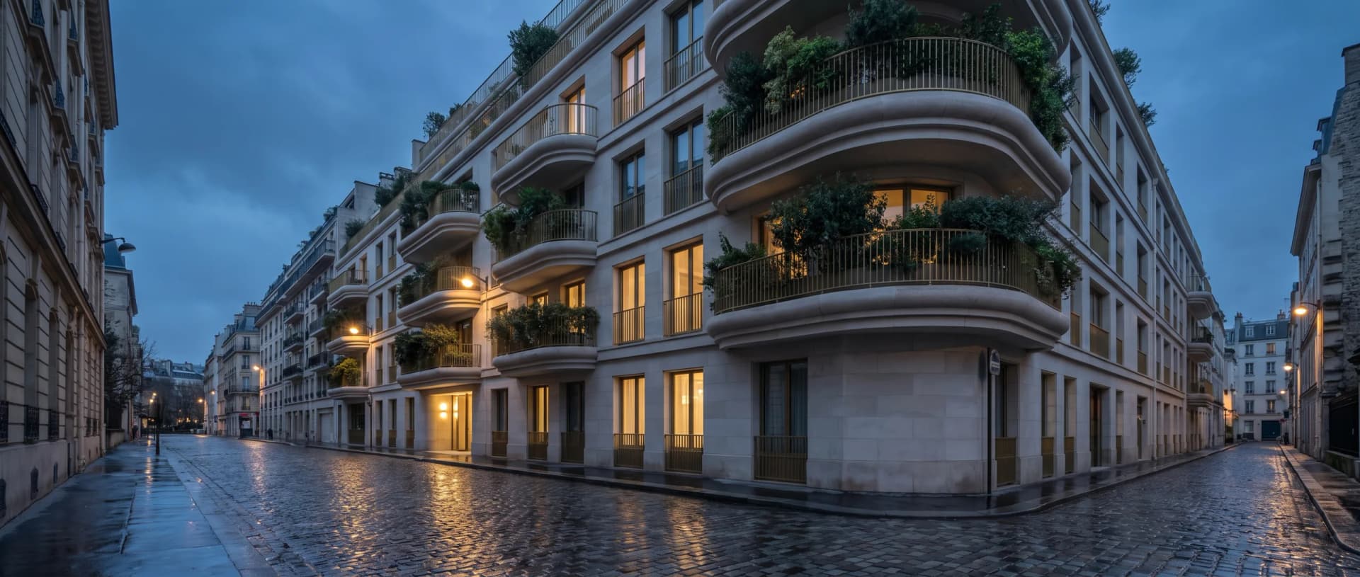 Résidence neuve de standing à la tombée du jour — façade en pierre de taille, balcons plantés, garde-corps laiton