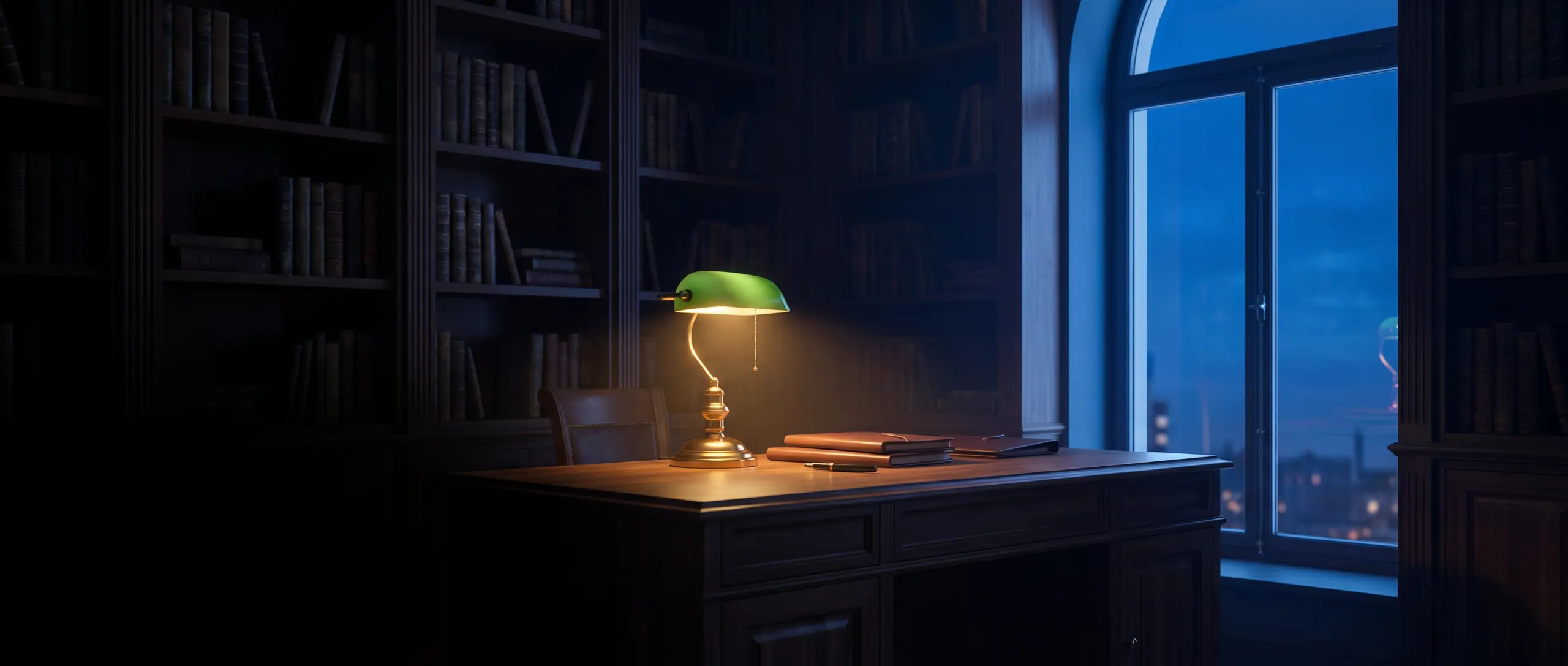Bureau du soir : table en bois sombre, dossiers fermés et lampe de banquier, bibliothèque dans l'ombre