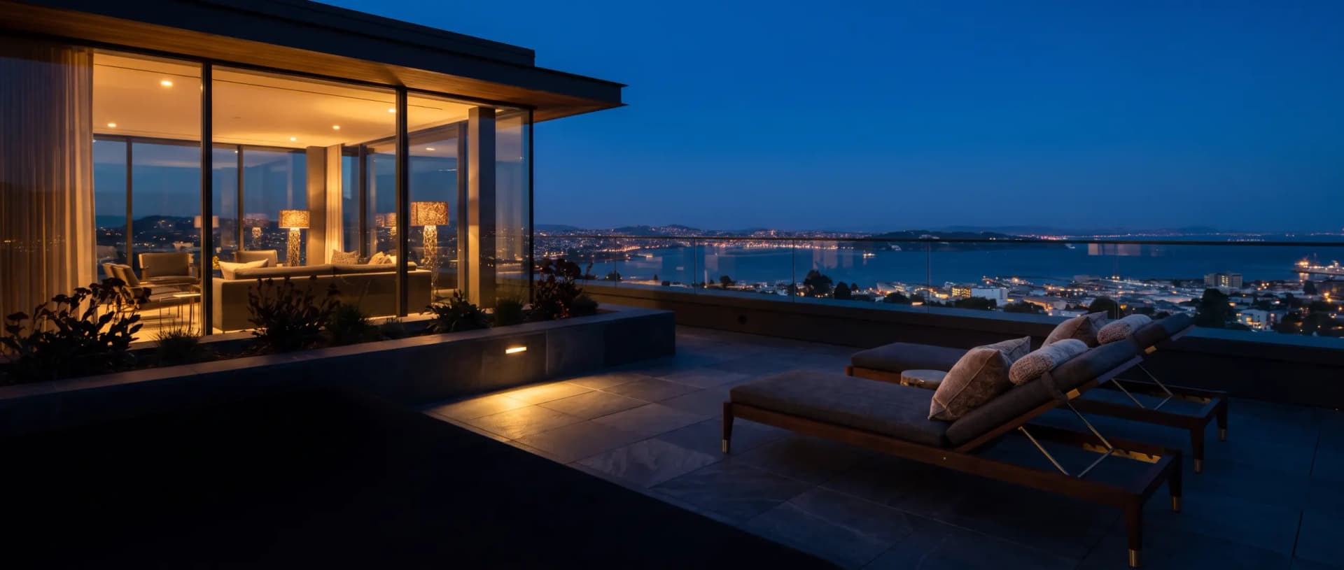 Terrasse privée d'une résidence neuve au crépuscule, deux chaises longues face à une baie et aux lumières de la ville