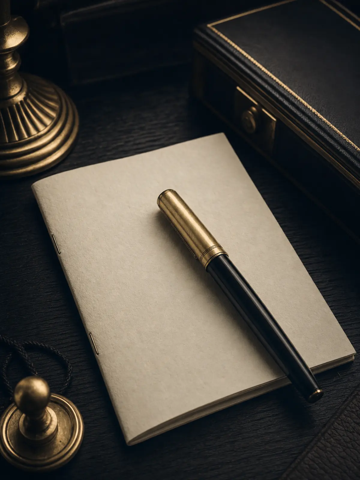 Statuts de société et stylo plume à capuchon laiton, illustration.