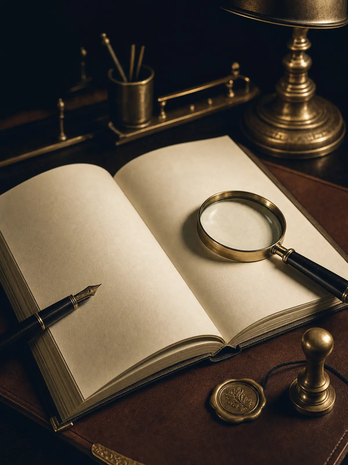 Loupe, stylo et registre patrimonial ouvert sur un sous-main en cuir, illustration.